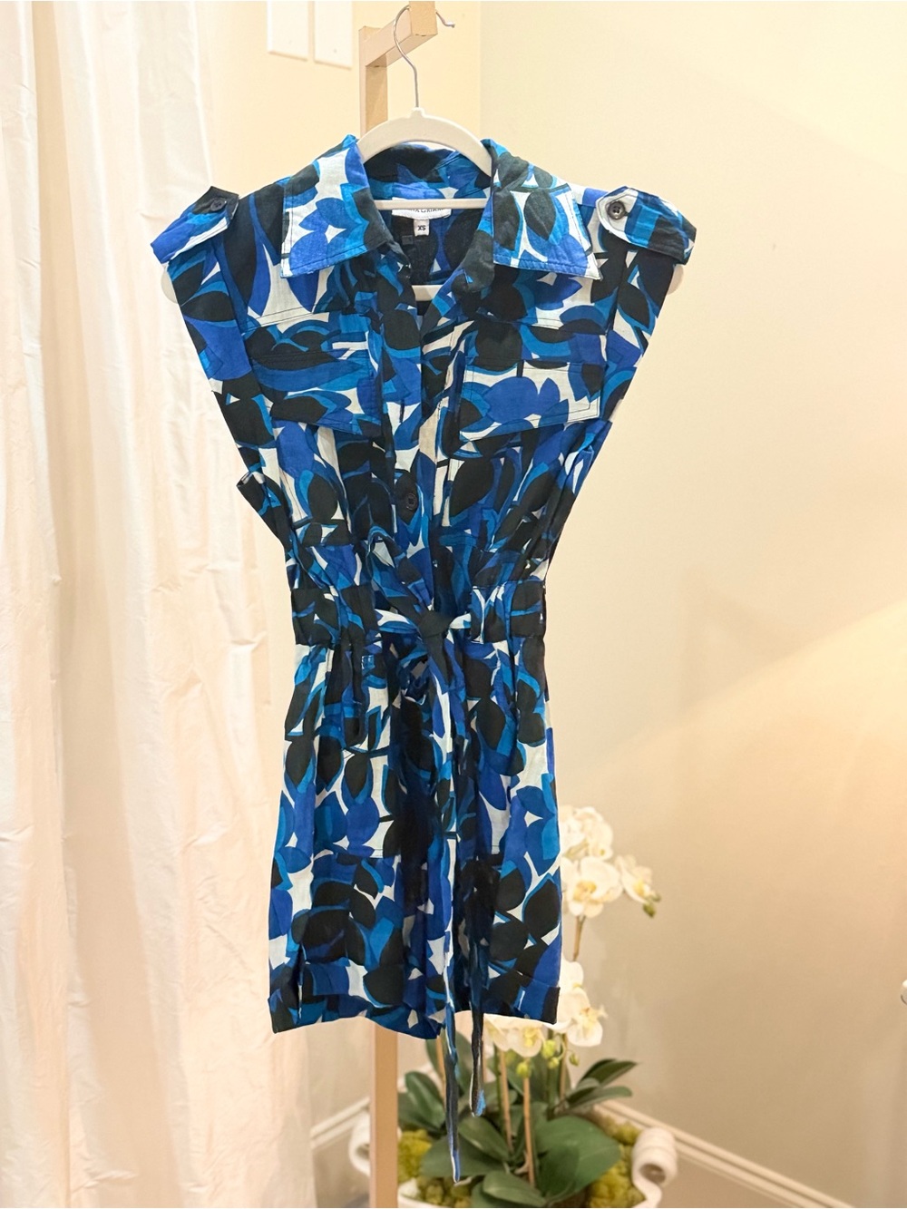 Karina Grimaldi Blue Black Floral Tie-Waist Romper